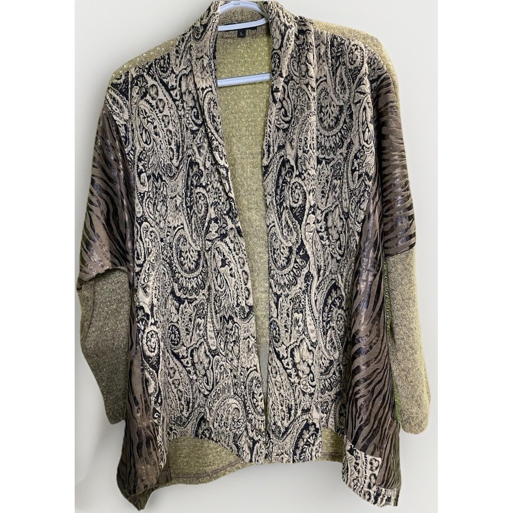 Alberto Makali‎ Gold Metallic Paisley Zebra Mixed Media Open Front Cardigan L
